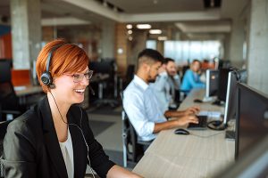 A woman with a headset on smiles as she works on a computer with other employees in the background.