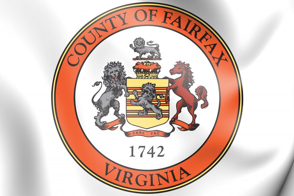 A flag with the county seal of Fairfax County on it.