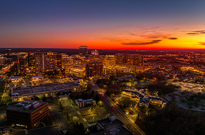 Downtown Reston, VA, at sunset.