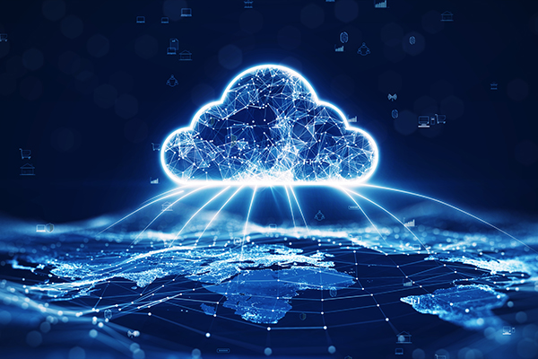 A map of the world with an image of a cloud over top with connections come from the cloud to the map.