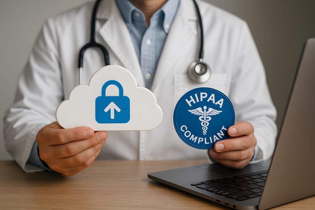 A doctor in a white lab coat in the background holding a cloud security sign and a HIPAA Compliant sign.